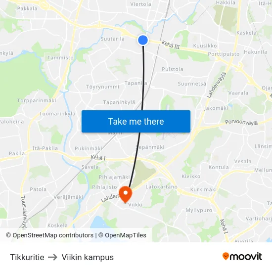 Tikkuritie to Viikin kampus map