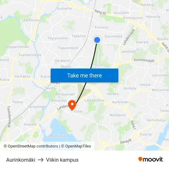 Aurinkomäki to Viikin kampus map