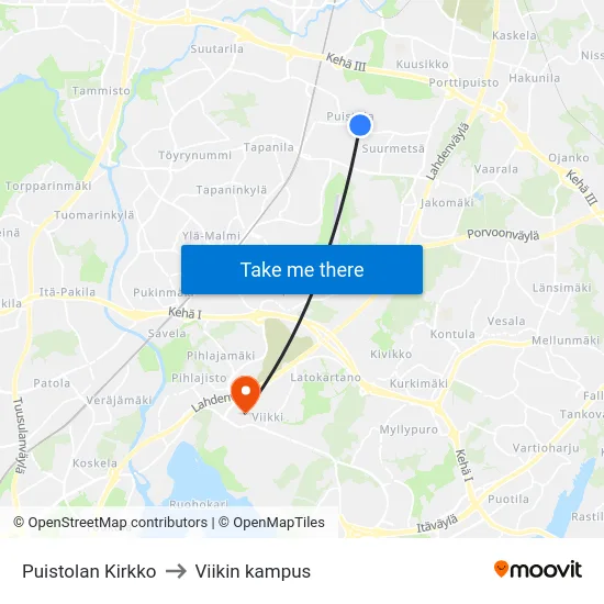 Puistolan Kirkko to Viikin kampus map