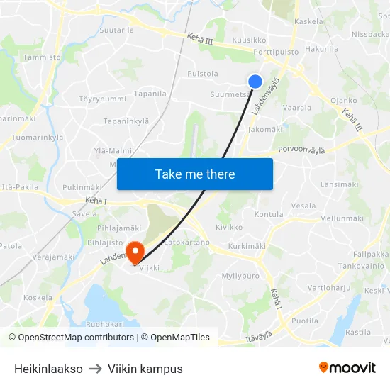 Heikinlaakso to Viikin kampus map
