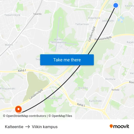 Kalteentie to Viikin kampus map
