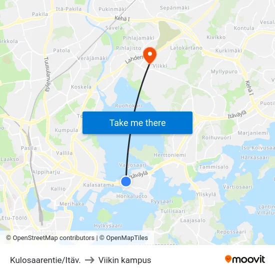 Kulosaarentie/Itäv. to Viikin kampus map
