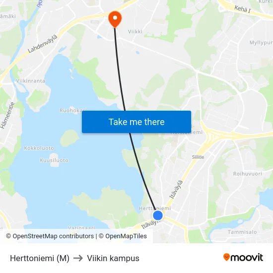 Herttoniemi (M) to Viikin kampus map