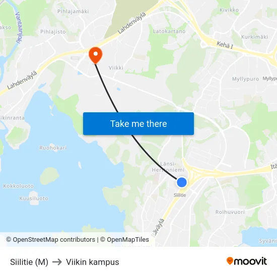 Siilitie (M) to Viikin kampus map