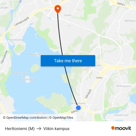 Herttoniemi (M) to Viikin kampus map