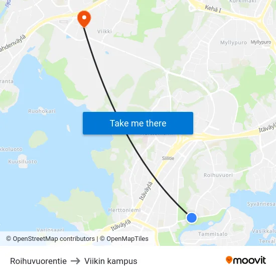 Roihuvuorentie to Viikin kampus map