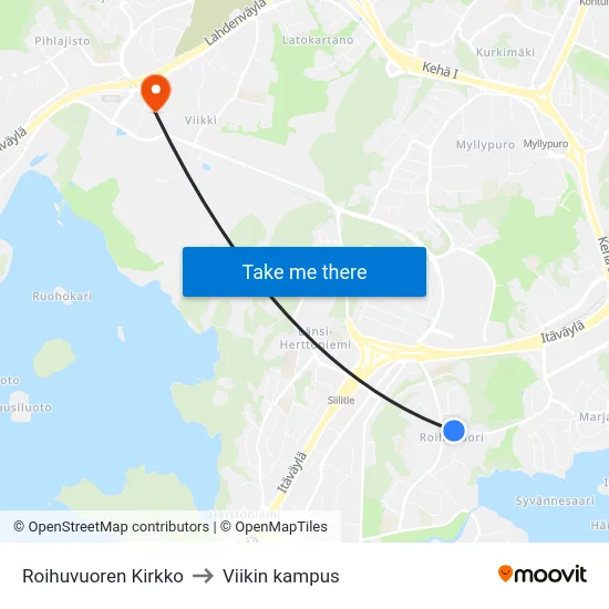Roihuvuoren Kirkko to Viikin kampus map