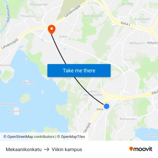 Mekaanikonkatu to Viikin kampus map