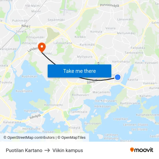 Puotilan Kartano to Viikin kampus map