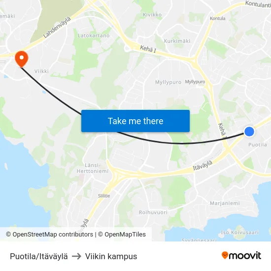 Puotila/Itäväylä to Viikin kampus map