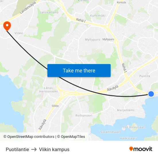 Puotilantie to Viikin kampus map