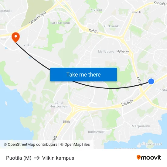Puotila (M) to Viikin kampus map