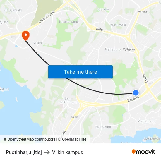 Puotinharju [Itis] to Viikin kampus map