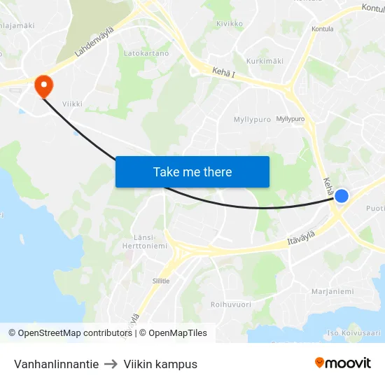 Vanhanlinnantie to Viikin kampus map