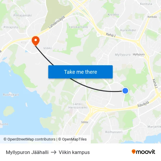 Myllypuron Jäähalli to Viikin kampus map