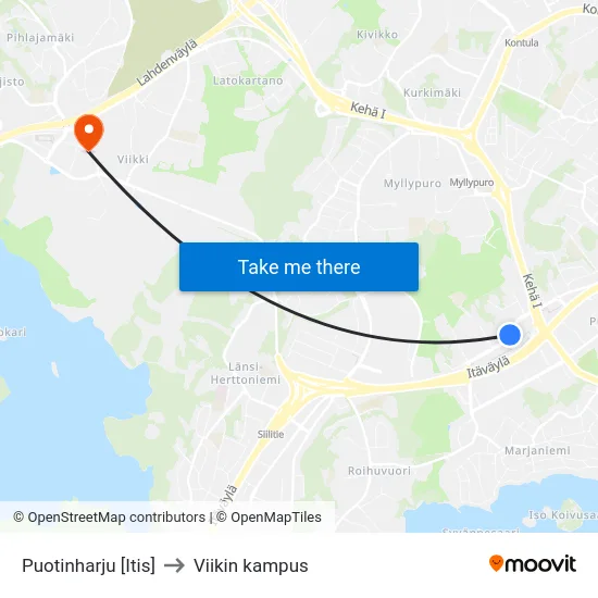 Puotinharju [Itis] to Viikin kampus map
