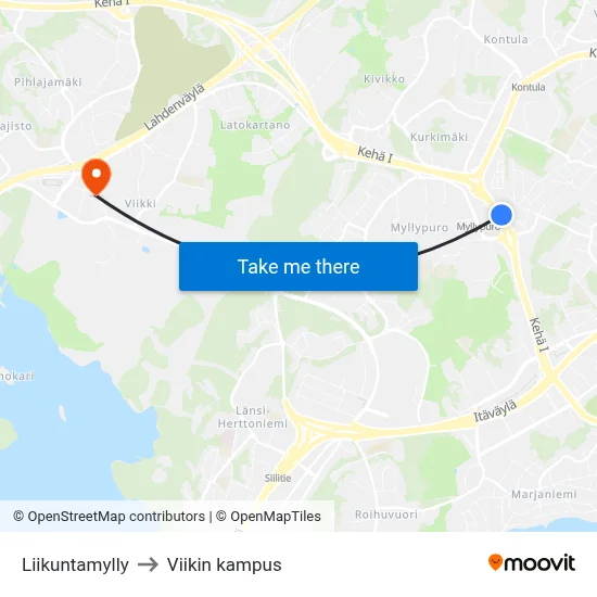 Sports Mill to Viikki Campus map