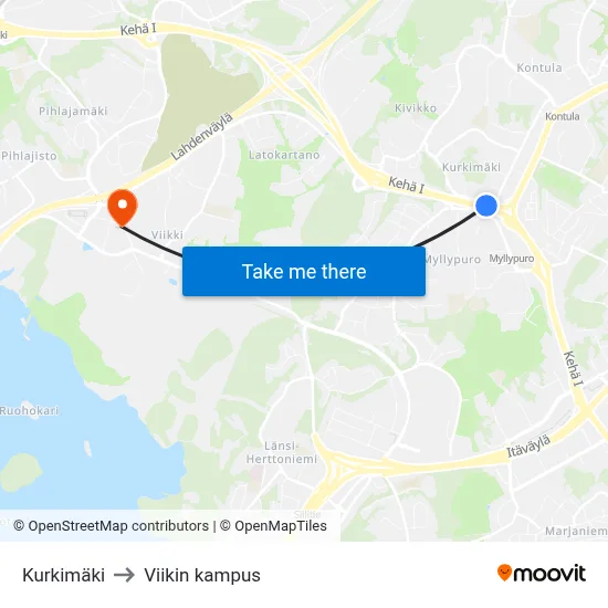 Kurkimäki to Viikki Campus map