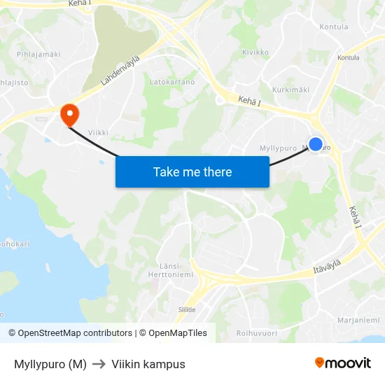 Myllypuro (M) to Viikin kampus map