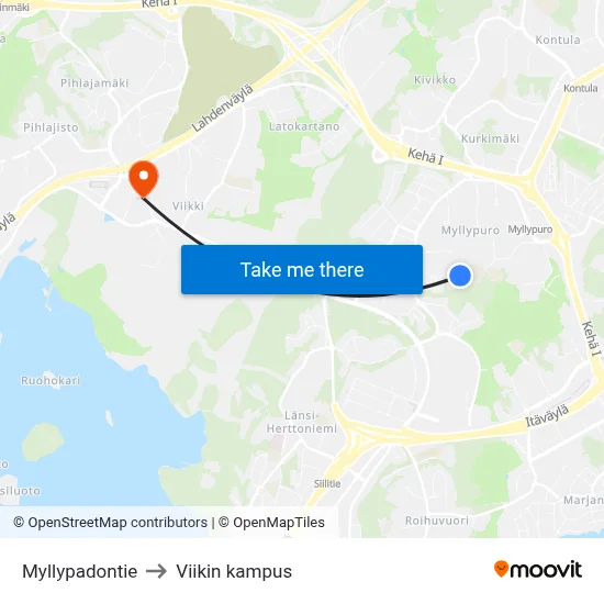 Myllypadontie to Viikin kampus map