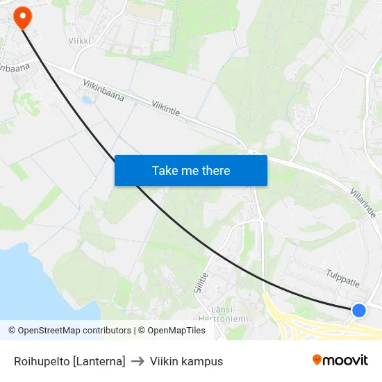 Roihupelto [Lanterna] to Viikin kampus map