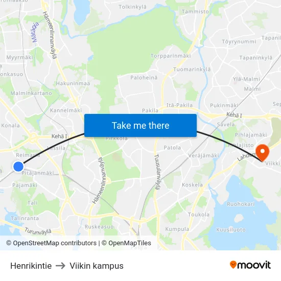 Henrikintie to Viikin kampus map