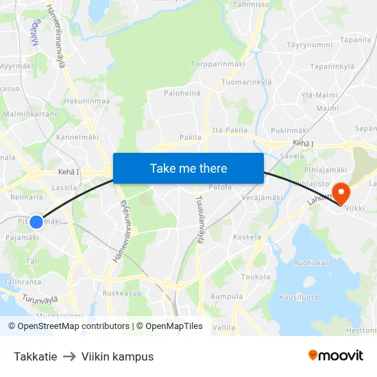 Takkatie to Viikki Campus map