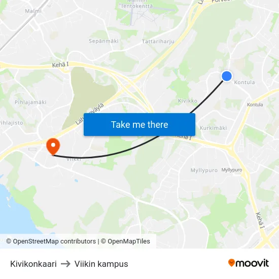 Kivikonkaari to Viikin kampus map