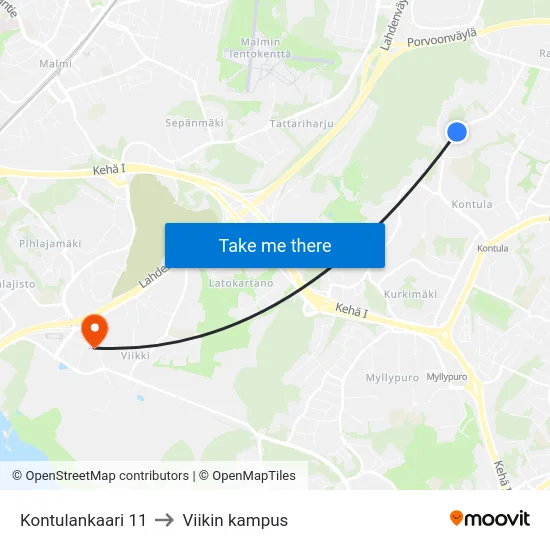 Kontulankaari 11 to Viikin kampus map