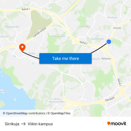 Sirrikuja to Viikin kampus map