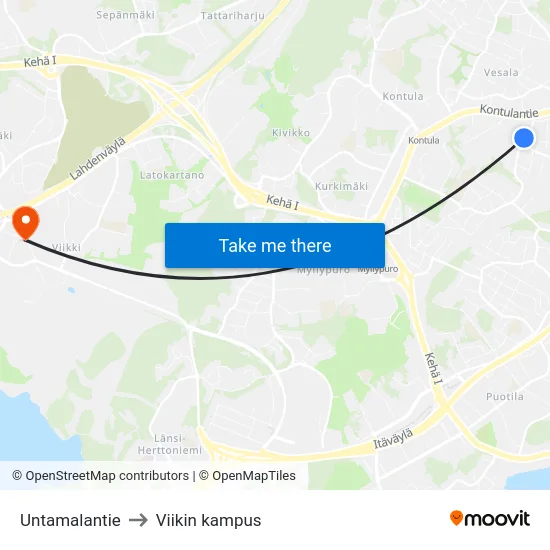 Untamalantie to Viikin kampus map