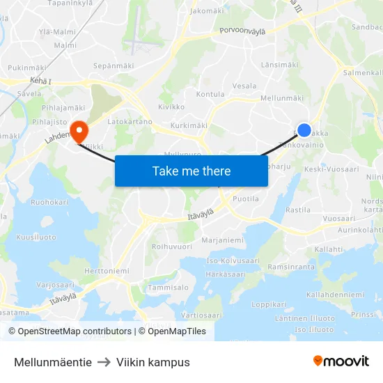 Mellunmäentie to Viikin kampus map