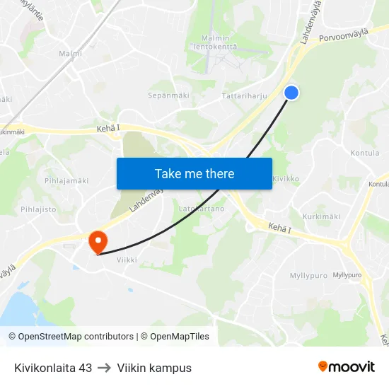 Kivikonlaita 43 to Viikin kampus map