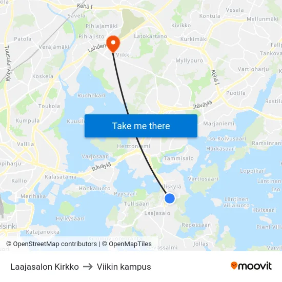 Laajasalon Kirkko to Viikin kampus map