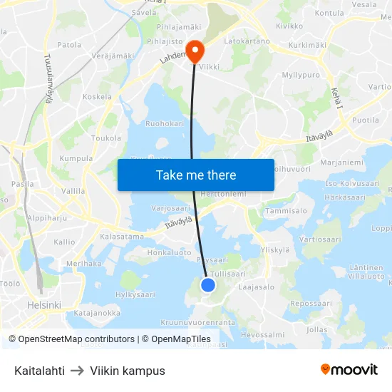 Kaitalahti to Viikin kampus map