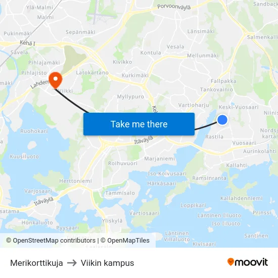 Merikorttikuja to Viikin kampus map
