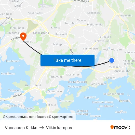 Vuosaaren Kirkko to Viikin kampus map