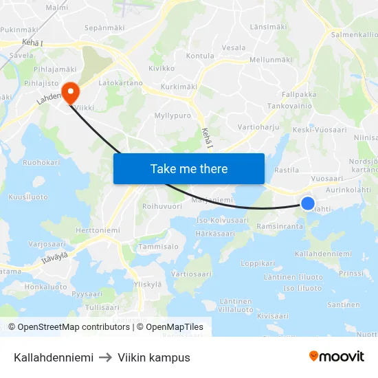 Kallahdenniemi to Viikin kampus map