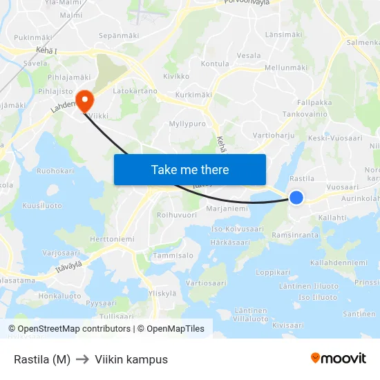 Rastila (M) to Viikki Campus map