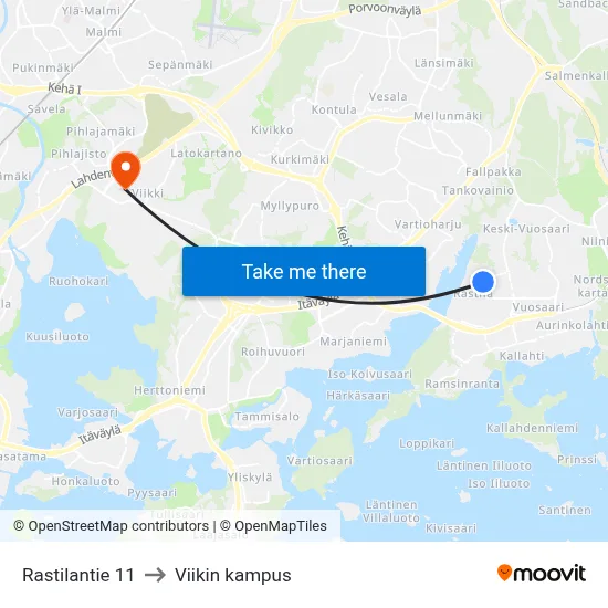 Rastilantie 11 to Viikki Campus map