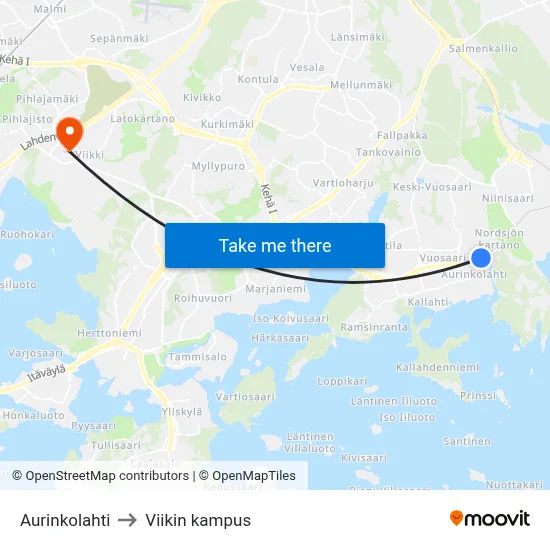 Aurinkolahti to Viikin kampus map