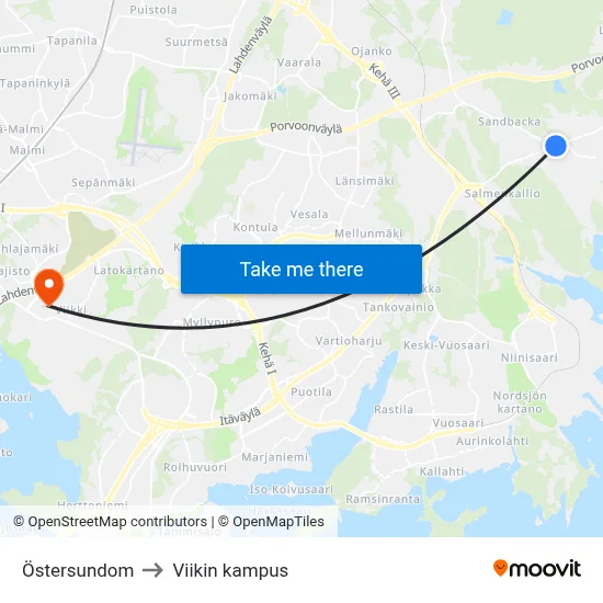 Östersundom to Viikki Campus map