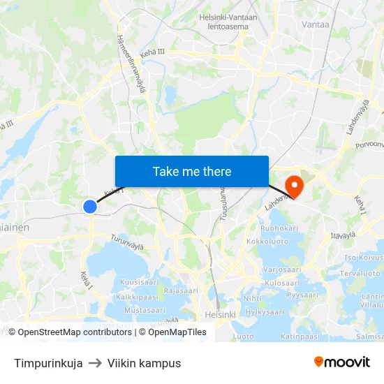 Timpurinkuja to Viikin kampus map