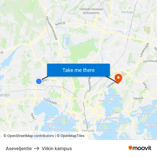 Aseveljentie to Viikin kampus map