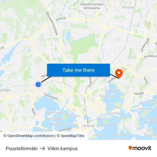 Puustellinmäki to Viikin kampus map