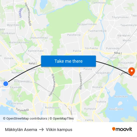 Mäkkylän Asema to Viikin kampus map