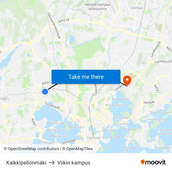 Kalkkipellonmäki to Viikin kampus map