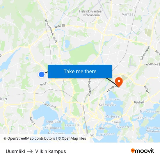 Uusmäki to Viikin kampus map