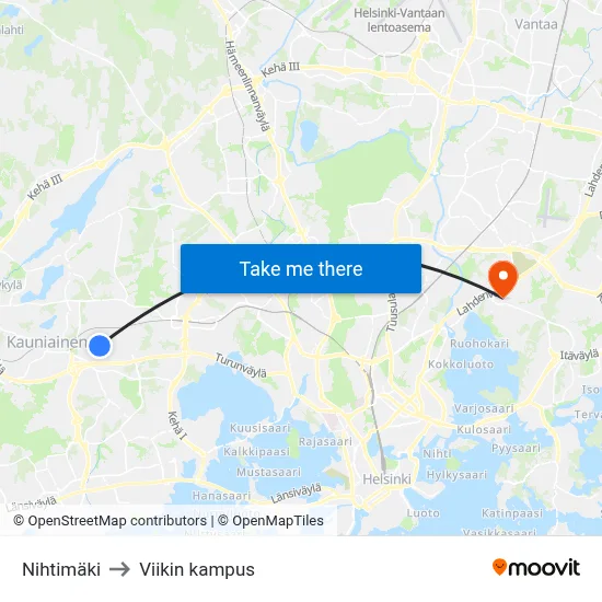 Nihtimaki to Viikki Campus map