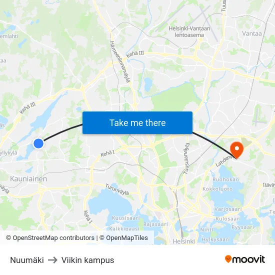 Nuumäki to Viikin kampus map